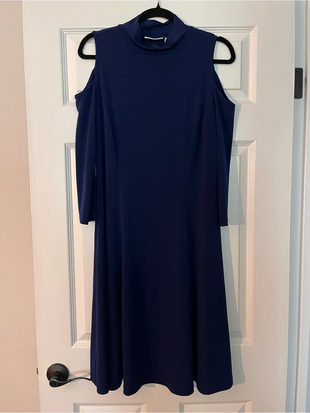 Susan Graver Navy Cold-Shoulder Midi Dress with Mock Neck